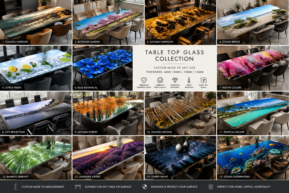 Collage of various table top glass designs with a central text box labeled 'Table Top Glass Collection'.