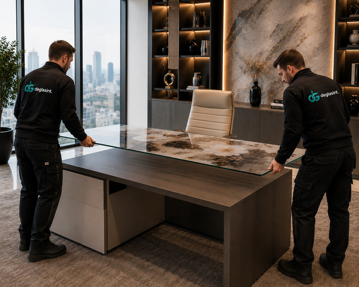 Two individuals in black uniforms with a logo working on a large desk in a modern office setting.