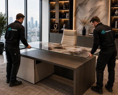 Two individuals in black uniforms with a logo working on a large desk in a modern office setting.