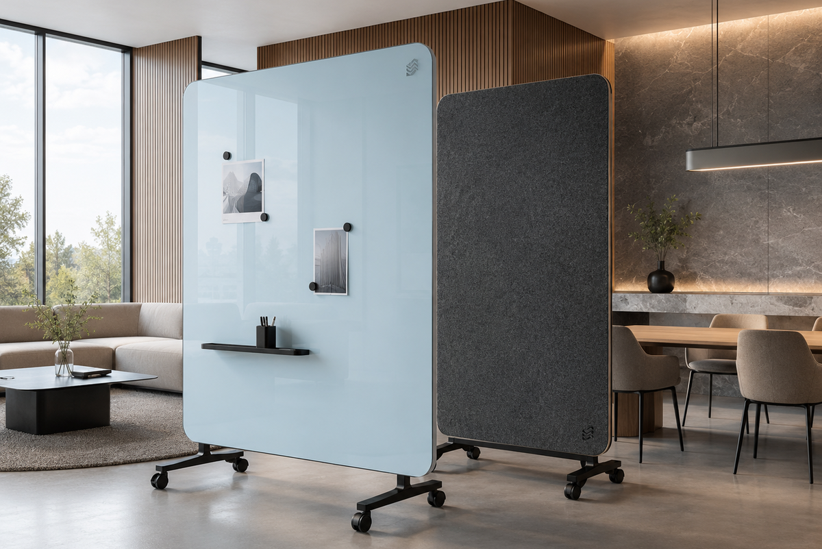 Two movable office partitions in a modern room with furniture and decor.