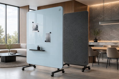 Two movable office partitions in a modern room with furniture and decor.